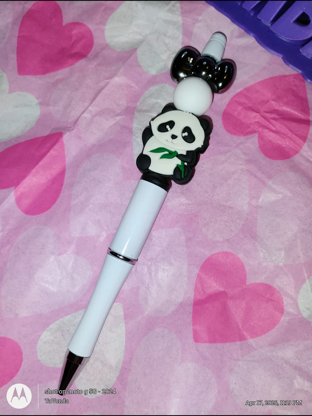 🌷White Panda Topper Ballpoint Pen with Green Accent - Cute Desk Accessory - Picture 3 of 3